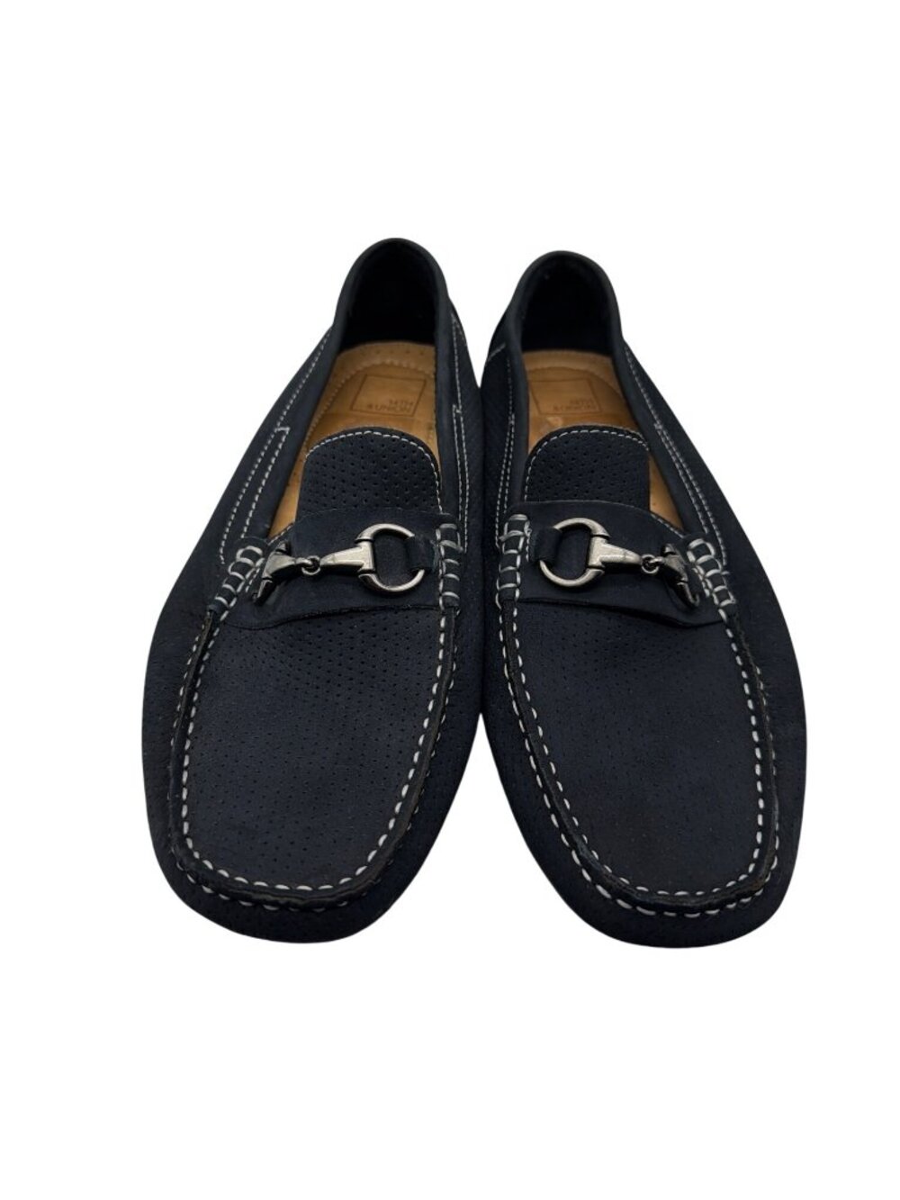 Mens 14th & Union Black Perforated Leather Loafers 11M With Silver Buckle Accent